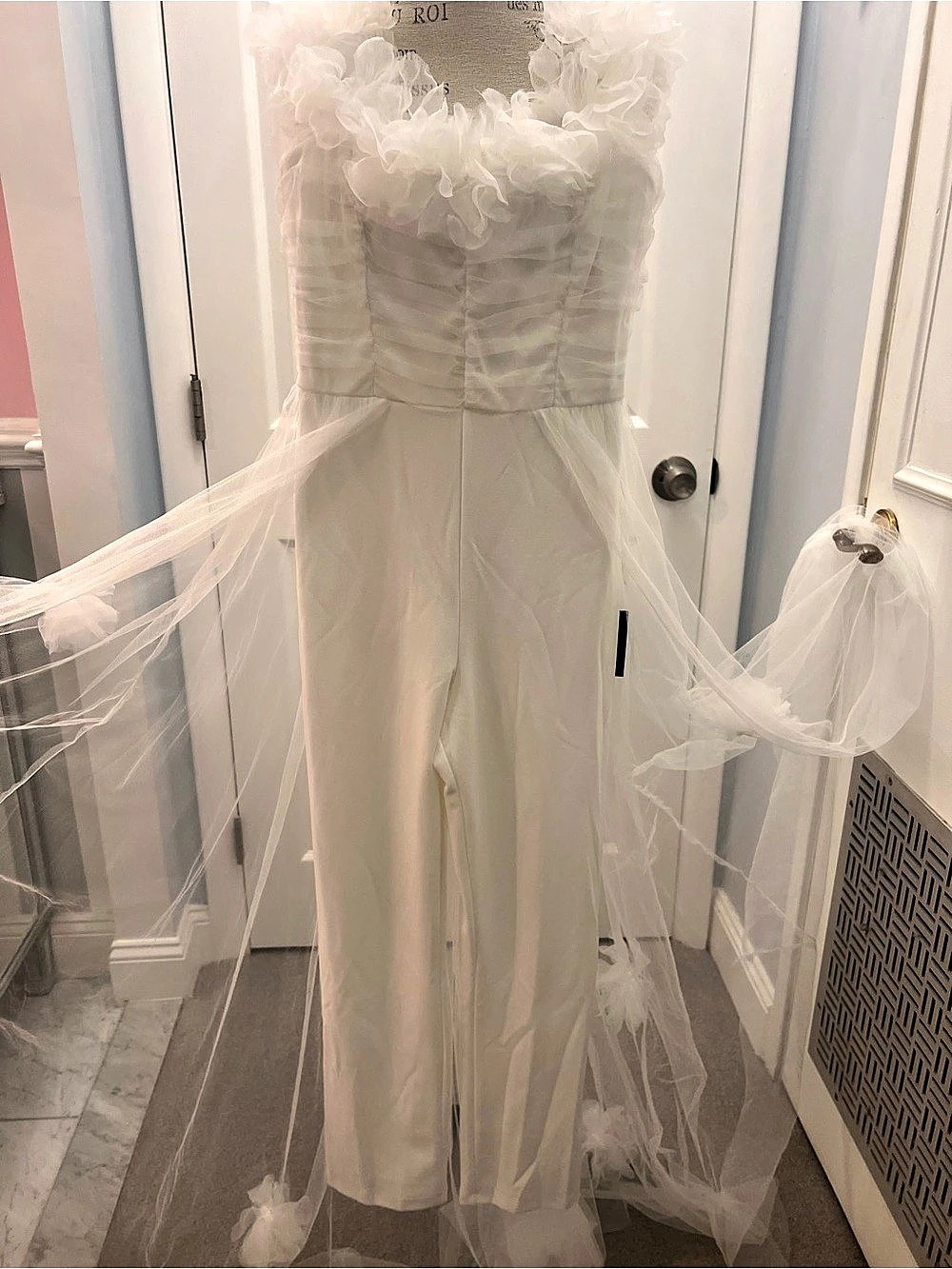 Lulus Modern Devotion White 3D Flower Tulle Overlay Jumpsuit Bridal Jumpsuit